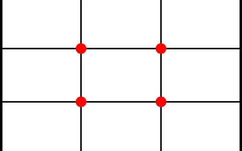 Griglia con sei punti rossi che indicano i punti di forza della regola dei terzi, utile per comporre immagini.