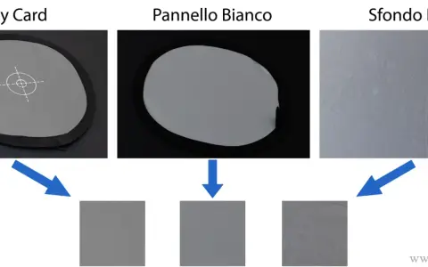 Scheda grigia, pannello bianco e sfondo nero per la compensazione esposizione.