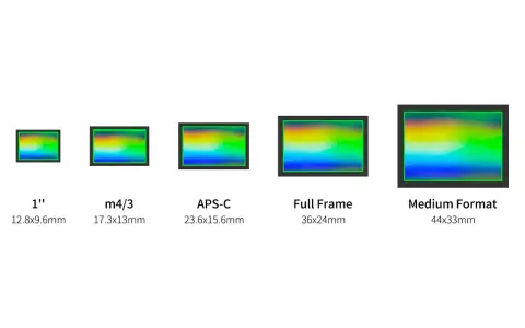 Confronto visivo dei diversi tipi di sensore: 1", m4/3, APS-C, Full Frame e Medium Format, con dimensioni indicate.