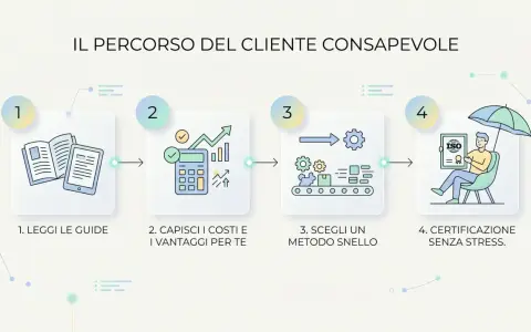 Il percorso del cliente: leggi guide, calcola costi/vantaggi, scegli metodo snello, certificazione ISO senza stress. La sensibilità ISO consigliata è alta per risultati ottimali.