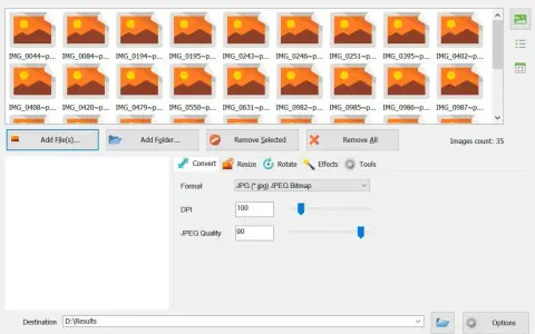 Il software mostra quali sono i formati delle foto selezionabili, come JPG, con opzioni per DPI e qualità.