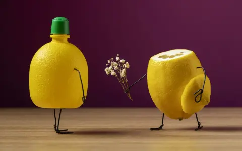 Un limone offre un mazzolino di fiori a un altro limone, in uno stile che ricorda i still life fotografi famosi.