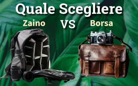 Zaino fotografico grigio aperto con obiettivi vs borsa in pelle marrone con fotocamera vintage. Quale scegliere per il miglior zaino fotografico?