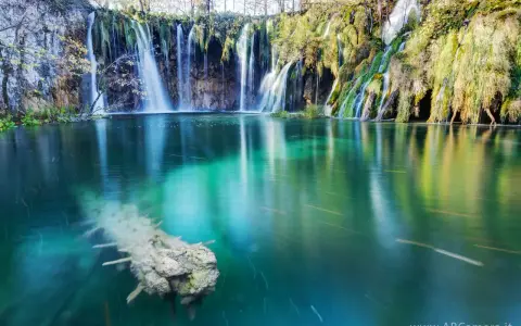 Cascata con effetto grandangolo, acqua turchese e un tronco sommerso.
