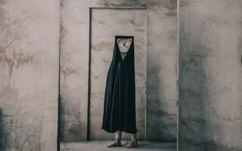 Figura con un orologio al posto della testa, avvolta in un drappo nero, in un ambiente spoglio. Un'opera che evoca i fotografi surrealisti contemporanei.