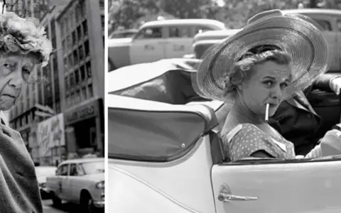 Anziani in strada, alla ricerca di Vivian Maier. Donna con sigaretta in auto d'epoca.
