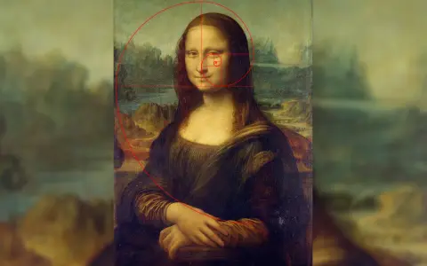La Gioconda con sovrapposta la spirale della sezione aurea, evidenziando la sua composizione armonica.
