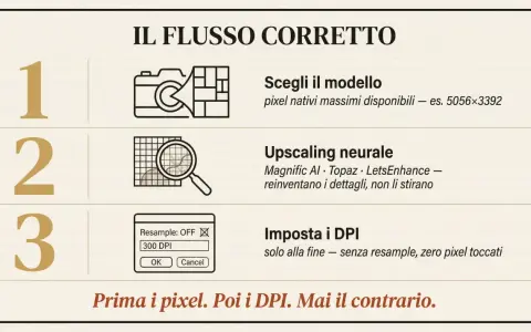Il flusso corretto: scegli modello con pixel nativi, upscaling neurale, imposta DPI alla fine. Prima i pixel, poi i DPI.