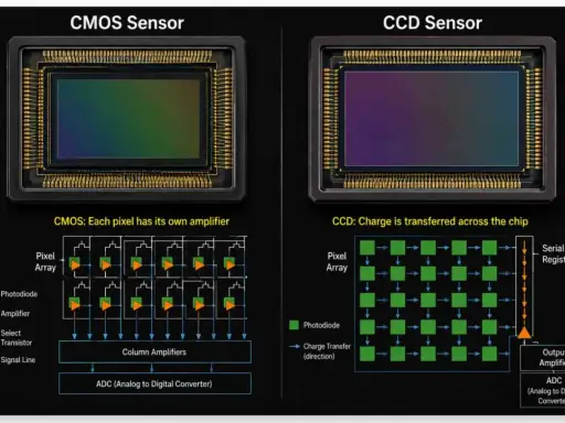 Confronto tra sensore CMOS, con amplificatore per ogni pixel, e sensore CCD, dove la carica viene trasferita.