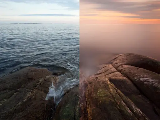 Confronto tra due scatti: a sinistra, onde mosse su rocce; a destra, mare calmo e tramonto con filtro ND a cosa serve per effetti setosi.