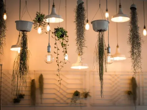 Lampade a sospensione e piante aeree creano un'atmosfera magica, perfetta per fotografare il cibo in un locale accogliente.
