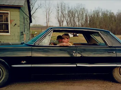 William Eggleston foto: due ragazzi guardano fuori da un'auto nera lucida, con una casa verde sullo sfondo.