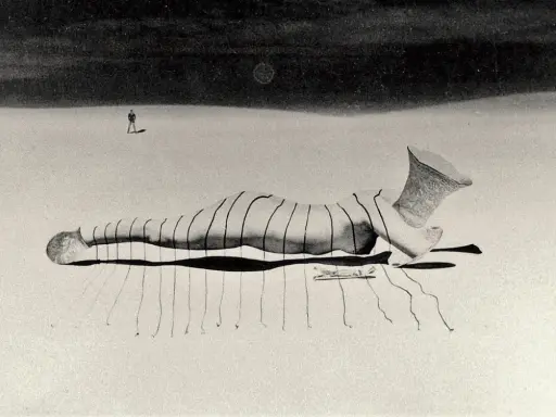 Un uomo solitario osserva una figura distesa, un'opera di un **fotografo surrealista**, con un vaso decorato al posto della testa.