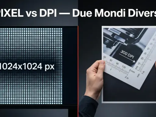 Schermo con 1024x1024 pixel affiancato a un foglio con indicazione 300 DPI, per capire cos'è un pixel e la sua densità.