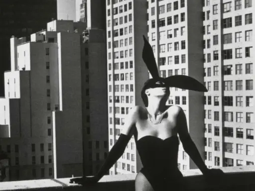 Iconica immagine di Helmut Newton: una donna con orecchie da coniglio e un corsetto nero posa su un tetto, con grattacieli sullo sfondo.