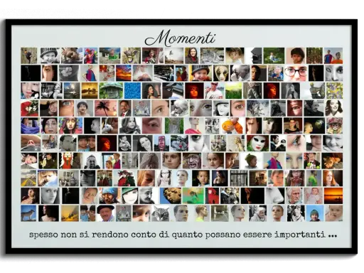 A framed collage of many small square photos of people, animals, and scenes, with the word "Momenti" at the top.