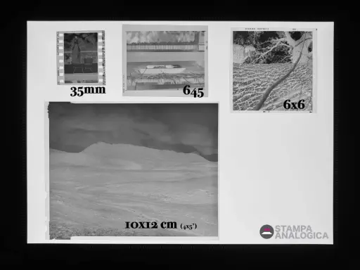 Negativo 35mm, 6x4.5, 6x6 e 10x12 cm (4x5 pollici) su supporto, formato classico foto.