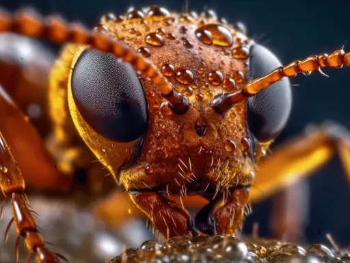 Testa di formica coperta di gocce d'acqua, dettaglio incredibile grazie alla funzione macro fotocamera.