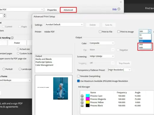 Impostazioni avanzate di stampa: per come aumentare dpi foto, seleziona 400 o 600 dpi dal menu a tendina.