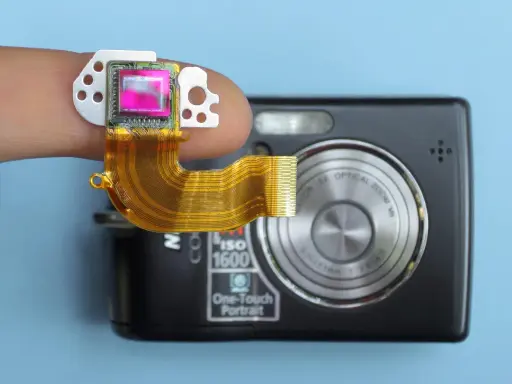 Dito un sensore fotocamera su un dito, collegato a una fotocamera compatta.