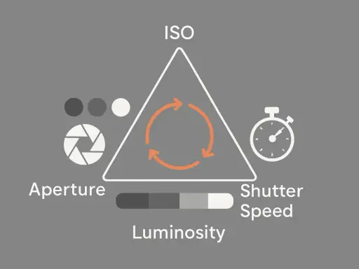 Schema che illustra i tre pilastri dell'esposizione fotografica: apertura, tempo di posa e ISO, con un indicatore di luminosità.