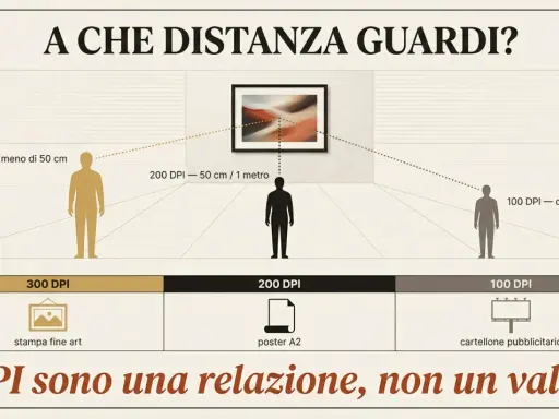 La risoluzione 300 DPI è ideale per stampe fine art da meno di 50 cm. La distanza di visione è cruciale.