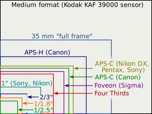 Confronto dimensioni sensori fotografici, dal medio formato al 1/2.5". Capire cosa sono i megapixel aiuta a scegliere il sensore giusto.