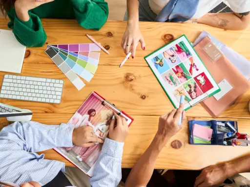 Un team creativo discute idee su un tavolo di legno, con campioni di colore, tastiera, quaderno e foto. Questo è un esempio di come una foto formato JPG può catturare un momento di collaborazione.