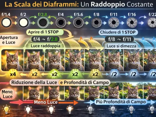 La scala dei diaframmi mostra come la priorità diaframma influenzi luce e profondità di campo, con gatti che cambiano luminosità e sfocatura.