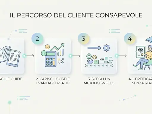 Il percorso del cliente: leggi guide, calcola costi/vantaggi, scegli metodo snello, certificazione ISO senza stress. La sensibilità ISO consigliata è alta per risultati ottimali.