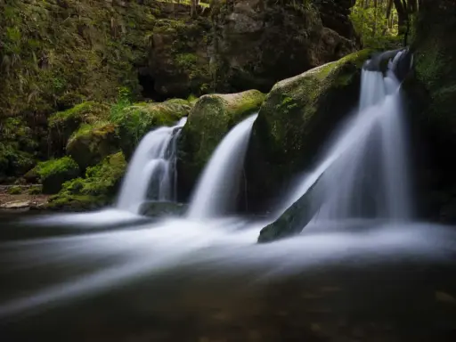 Cascata in una foresta lussureggiante. L'acqua scorre su rocce ricoperte di muschio, creando un effetto setoso. Questo significa pace.