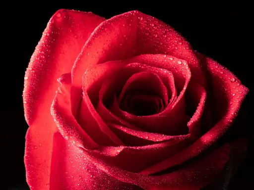 Una rosa rossa bagnata, catturata in una fotografia macro in casa, con gocce scintillanti sui petali vellutati.
