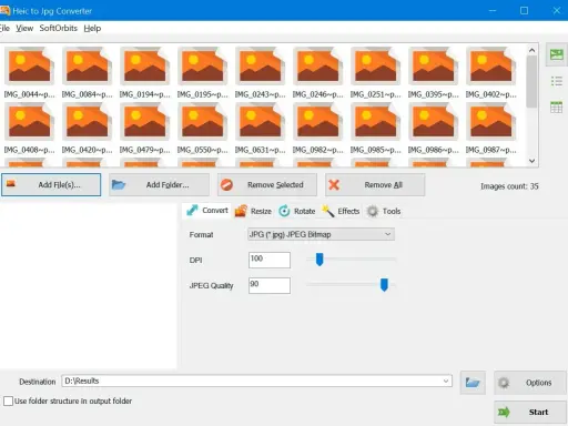 Il software mostra quali sono i formati delle foto selezionabili, come JPG, con opzioni per DPI e qualità.