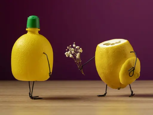 Un limone offre un mazzolino di fiori a un altro limone, in uno stile che ricorda i still life fotografi famosi.