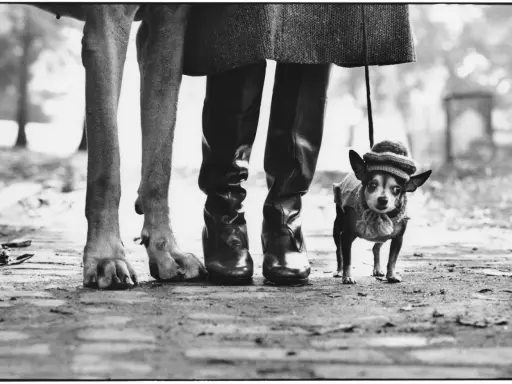 Un cane di grossa taglia e un chihuahua con cappellino passeggiano con il loro umano, un'iconica scena di Elliott Erwitt.