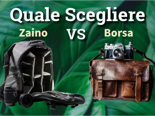 Zaino fotografico grigio aperto con obiettivi vs borsa in pelle marrone con fotocamera vintage. Quale scegliere per il miglior zaino fotografico?