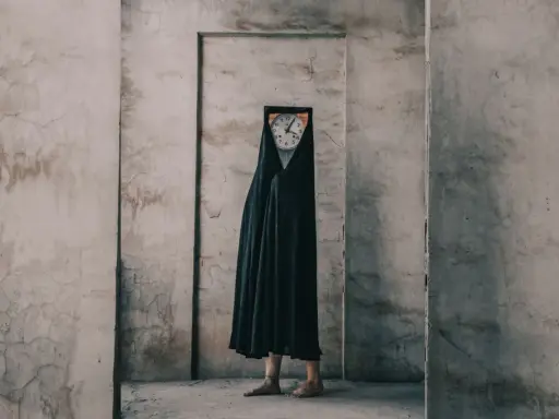 Figura con un orologio al posto della testa, avvolta in un drappo nero, in un ambiente spoglio. Un'opera che evoca i fotografi surrealisti contemporanei.