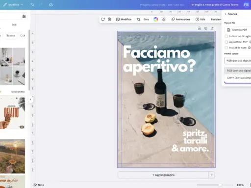 Un modello di canva fotolibro con un'immagine di un aperitivo al tramonto.