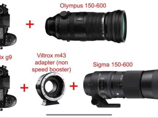 Olympus 150-600 e Lumix G9 in alto. Sotto, Lumix G9 con adattatore Viltrox e il **sigma 150-600**.