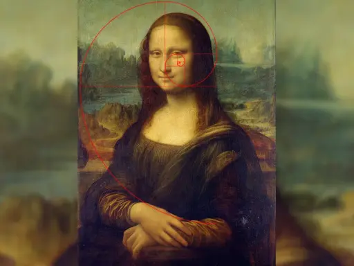 La Gioconda con sovrapposta la spirale della sezione aurea, evidenziando la sua composizione armonica.