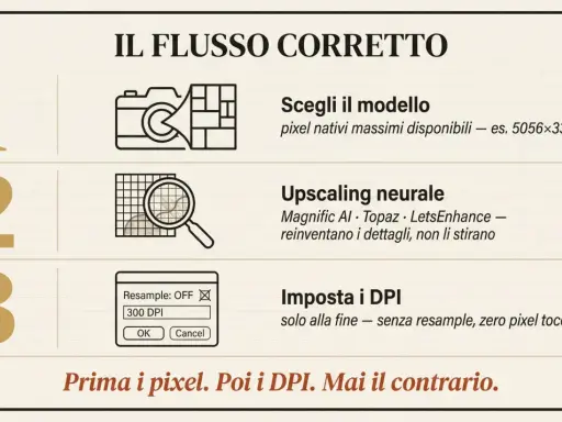 Il flusso corretto: scegli modello con pixel nativi, upscaling neurale, imposta DPI alla fine. Prima i pixel, poi i DPI.