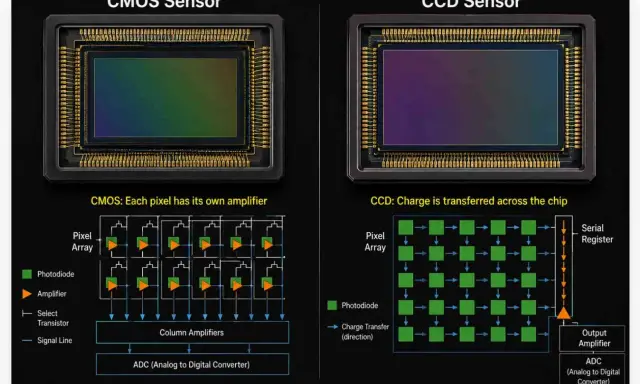 Confronto tra sensore CMOS, con amplificatore per ogni pixel, e sensore CCD, dove la carica viene trasferita.