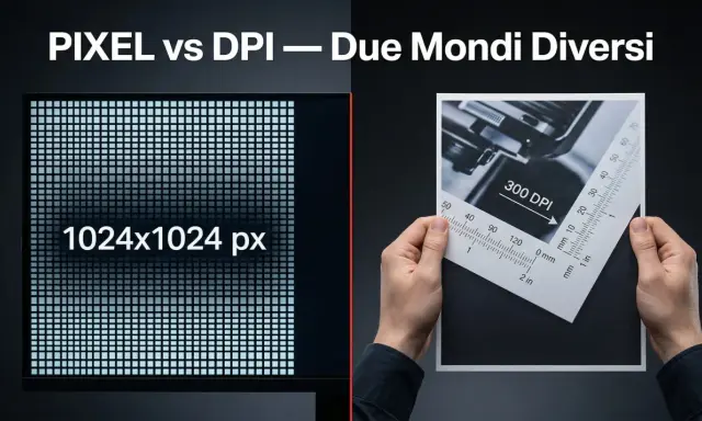 Schermo con 1024x1024 pixel affiancato a un foglio con indicazione 300 DPI, per capire cos'è un pixel e la sua densità.