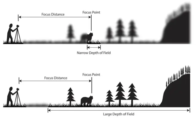 Illustrazione che mostra come la lunghezza focale influenzi la profondità di campo: una stretta (sopra) e una ampia (sotto).