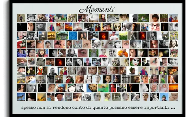 A framed collage of many small square photos of people, animals, and scenes, with the word "Momenti" at the top.