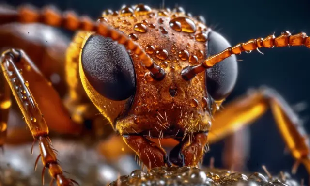 Testa di formica coperta di gocce d'acqua, dettaglio incredibile grazie alla funzione macro fotocamera.