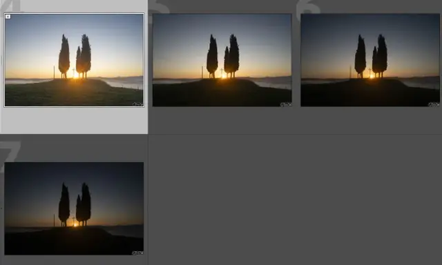 Tre cipressi solitari all'alba, con il sole che sorge tra loro. Diverse esposizioni per la bracketing fotografia, per catturare ogni dettaglio.