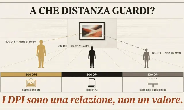 La risoluzione 300 DPI è ideale per stampe fine art da meno di 50 cm. La distanza di visione è cruciale.