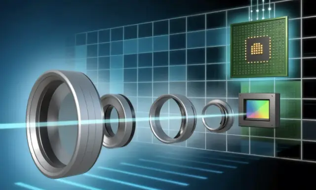 Componenti di un obiettivo e sensore digitale, con un chip in formato jpeg.