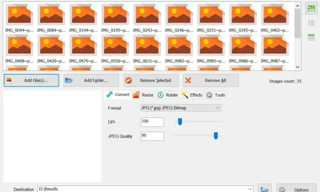 Il software mostra quali sono i formati delle foto selezionabili, come JPG, con opzioni per DPI e qualità.